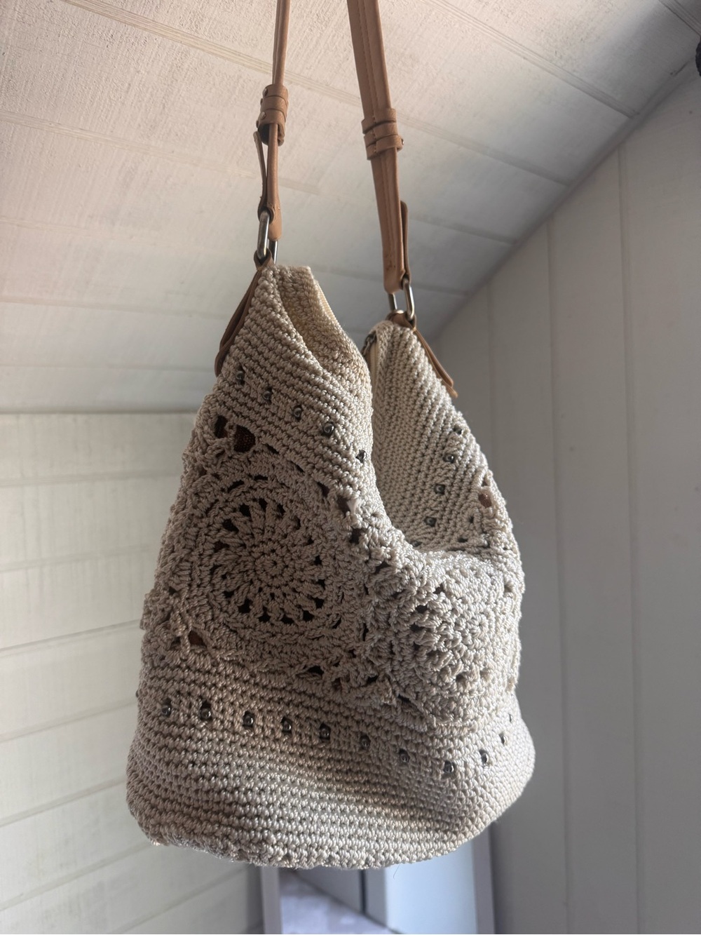 The Sak Crochet Shoulder Bag in Beige with Tan Straps